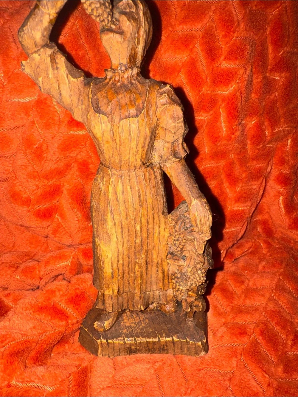 Vintage Hand-Carved Wooden Grape Harvest Lady Figurine / Wine Cellar Decor Art
